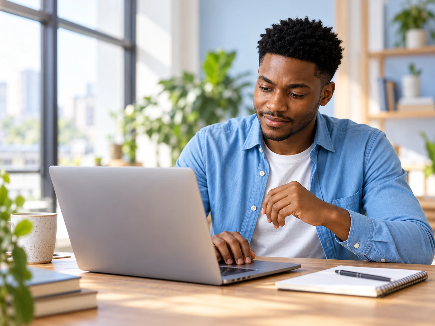 Pezani brand illustration of a man working thoughtfully at his laptop