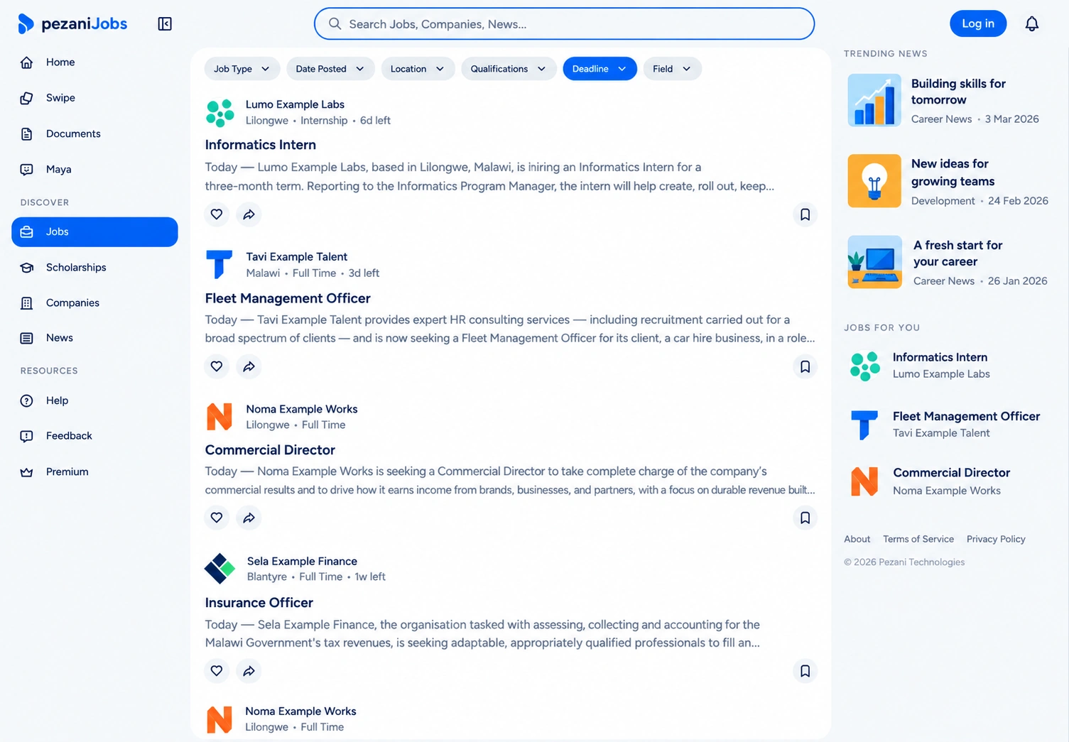 Pezani Jobs job directory with search, filters and opportunity cards