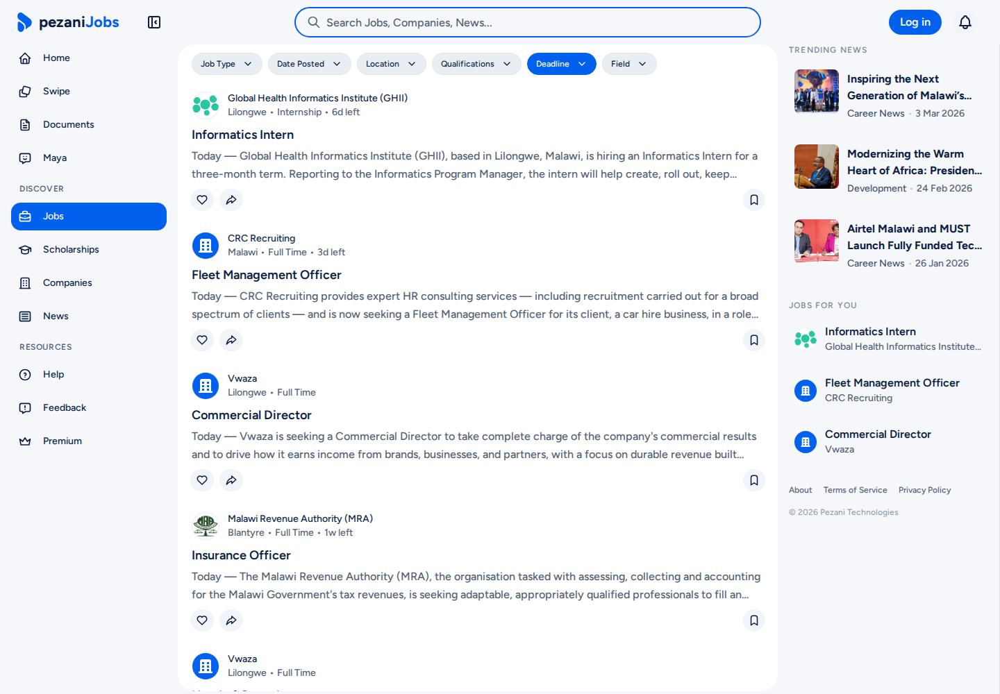 Pezani Jobs job directory with search, filters and opportunity cards
