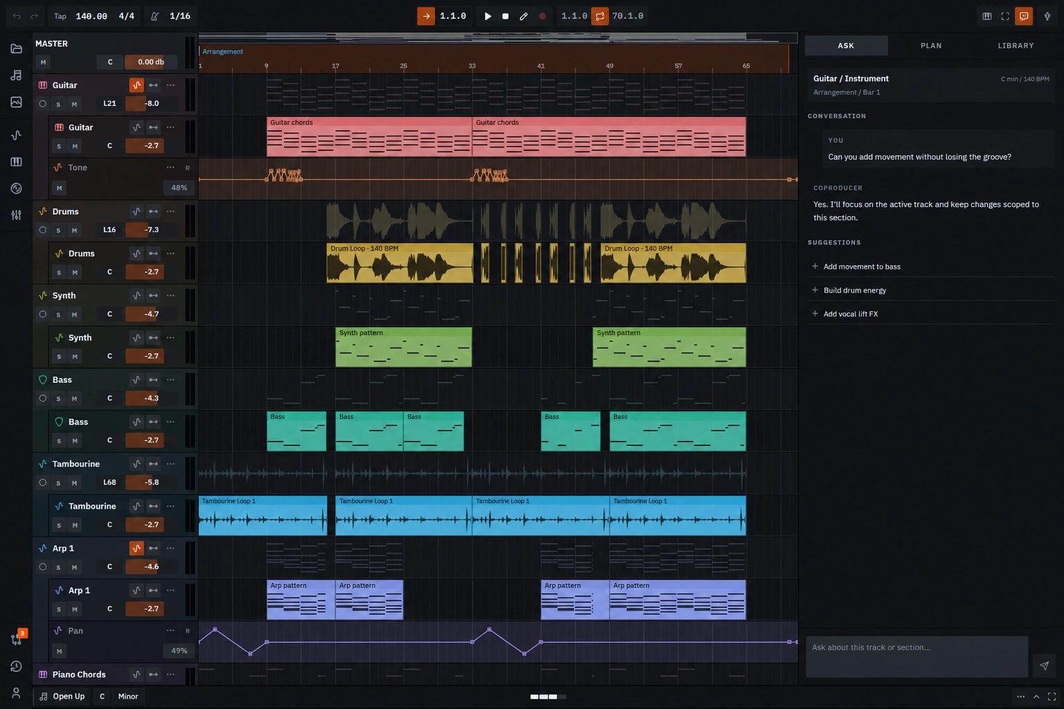 Pezani Studio browser music workspace with arrangement timeline and track controls